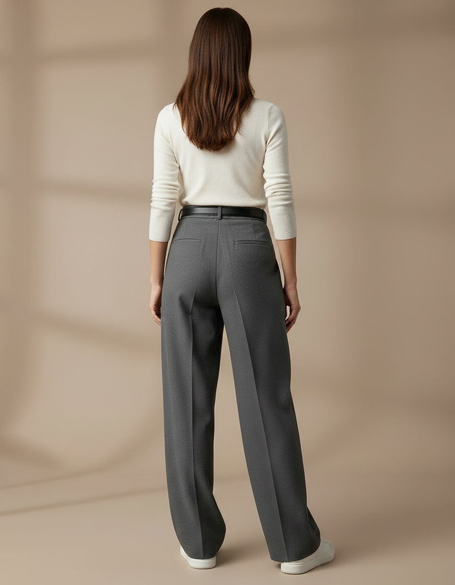 Pantalon Chino Femme Taille Haute Plissé Large Gris Élégant - Gabardine - vue 2