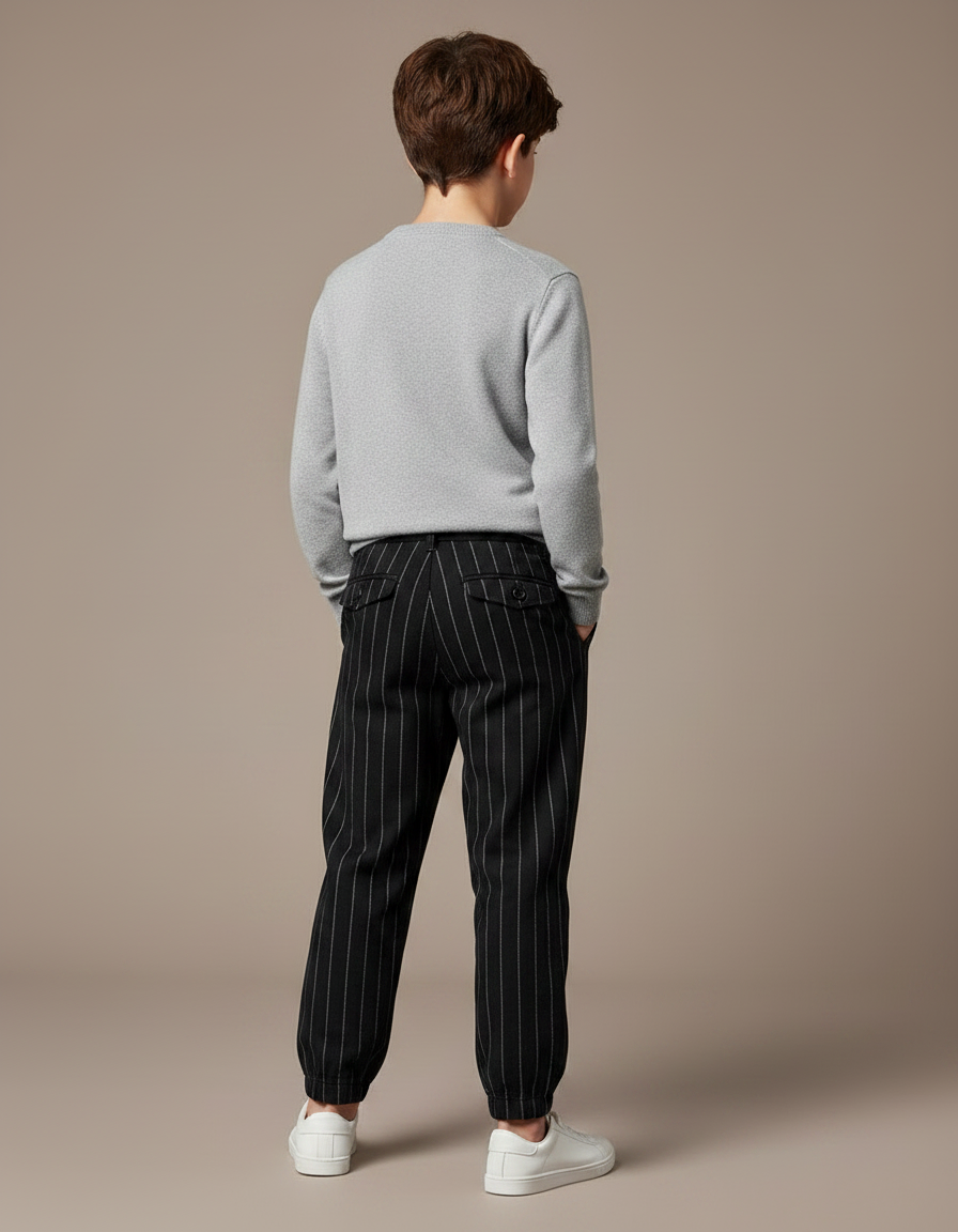 Pantalon Chino Noir Rayé Ample Cordon Enfant - Laine - vue 2