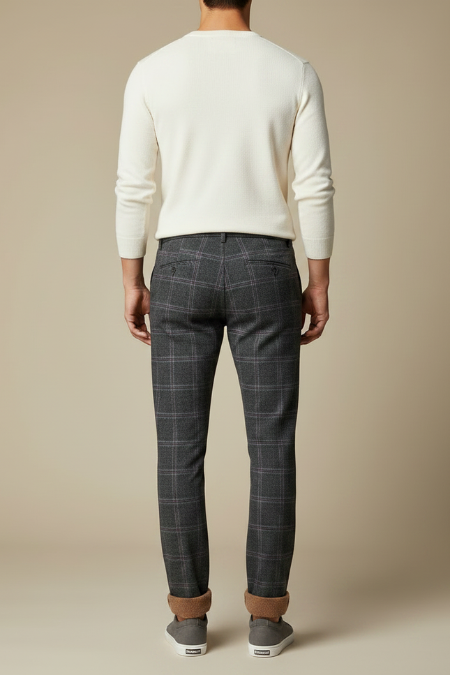 Pantalon Chino Homme Gris Carreaux Slim Doublé Polaire - Laine - vue 2