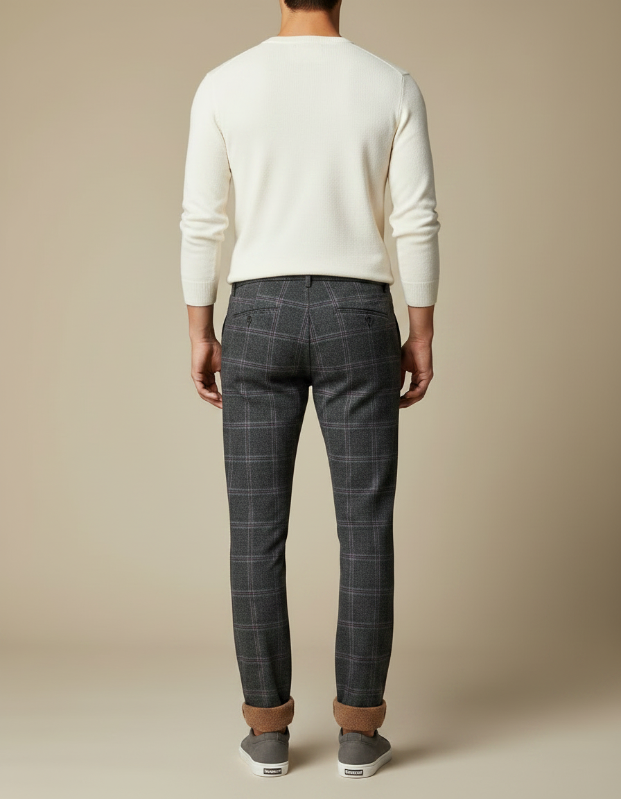 Pantalon Chino Homme Gris Carreaux Slim Doublé Polaire - Laine - vue 2