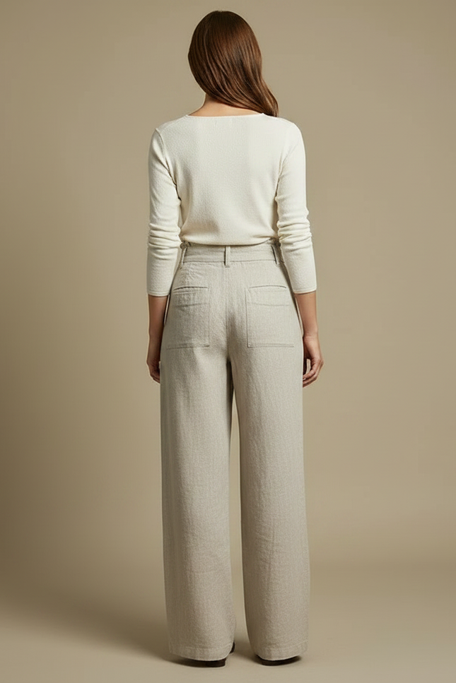 Pantalon Chino Beige Ample Taille Haute Lin Femme - vue 2