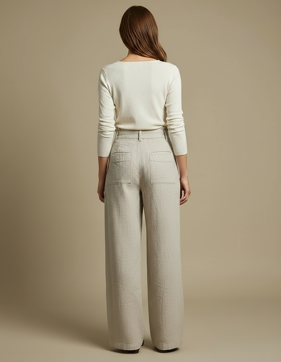 Pantalon Chino Beige Ample Taille Haute Lin Femme - vue 2