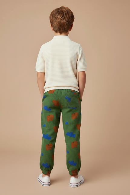 Pantalon Chino Vert Motif Nuages Coton Ample Enfant - vue 2