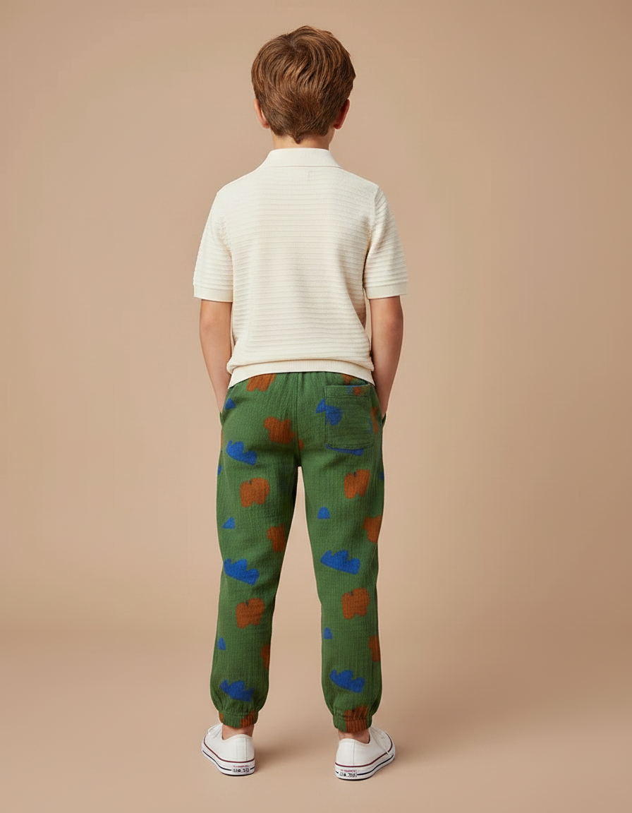 Pantalon Chino Vert Motif Nuages Coton Ample Enfant - vue 2