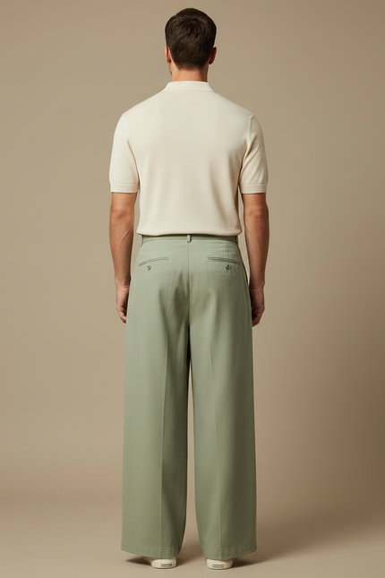 Pantalon Chino Vert Ample Plissé Décontracté Homme - Coton - vue 2