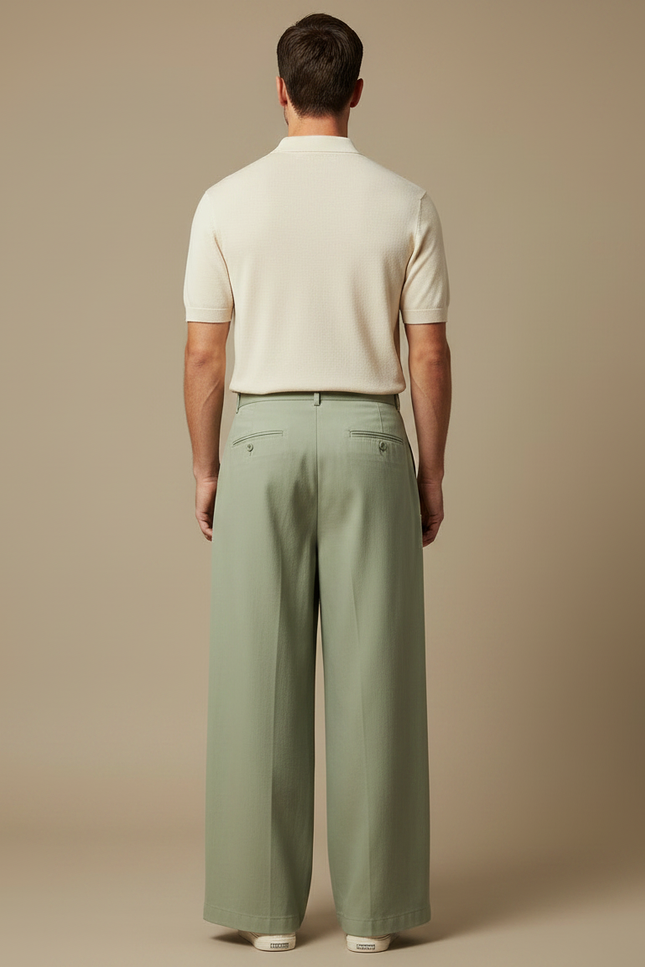 Pantalon Chino Vert Ample Plissé Décontracté Homme - Coton - vue 2