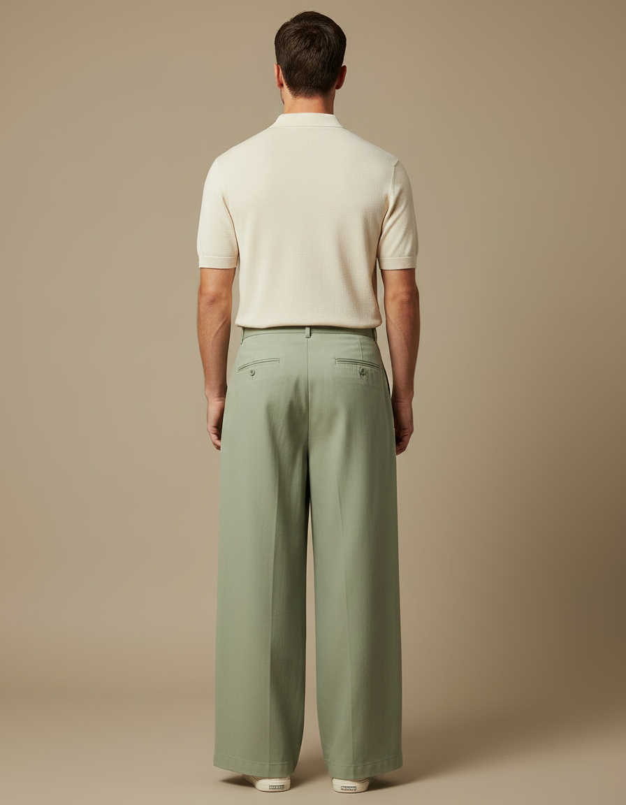 Pantalon Chino Vert Ample Plissé Décontracté Homme - Coton - vue 2