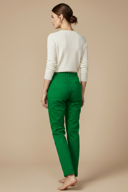 Pantalon Chino Vert Droit Coton Élastique Décontracté Femme - vue 2