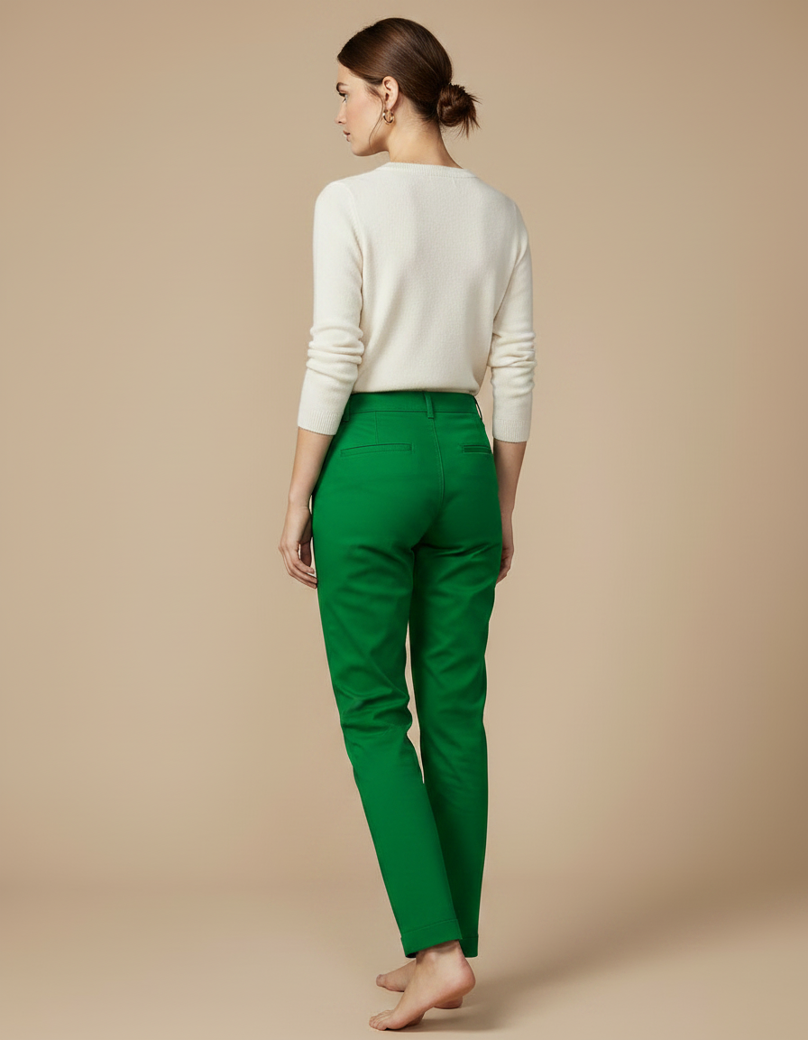 Pantalon Chino Vert Droit Coton Élastique Décontracté Femme - vue 2