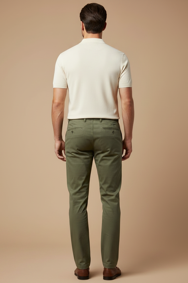 Pantalon Chino Homme Vert Olive Coton Droit Élégant - vue 2