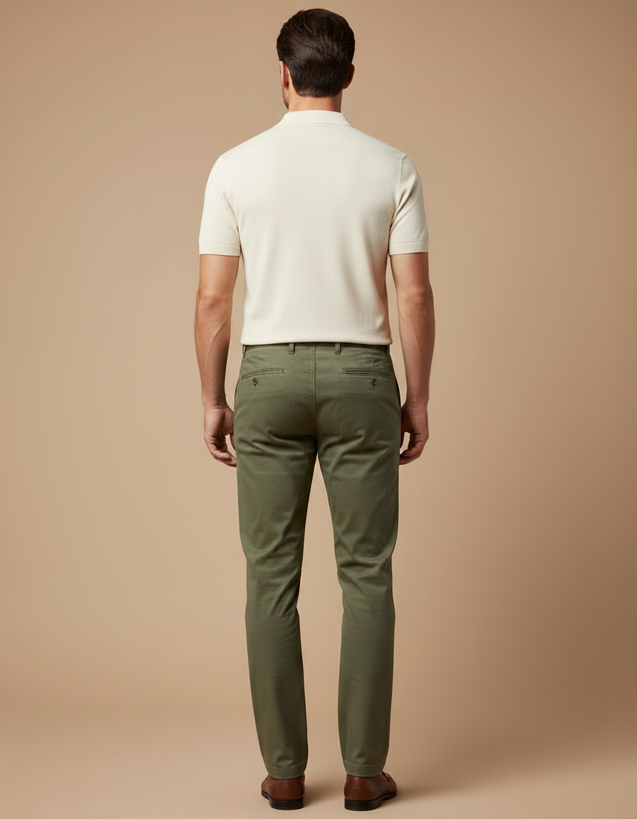 Pantalon Chino Homme Vert Olive Coton Droit Élégant - vue 2
