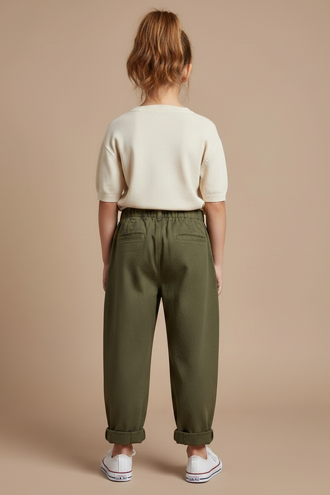 Pantalon Chino Vert Olive Ample Coton Élastique Enfant - Kaki - vue 2