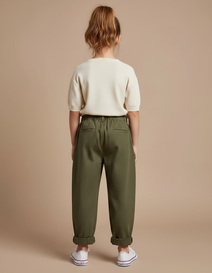 Pantalon Chino Vert Olive Ample Coton Élastique Enfant - Kaki - vue 2