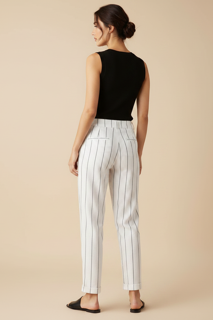 Pantalon Chino Blanc Rayé Coton Lin Ample Décontracté Femme - vue 2