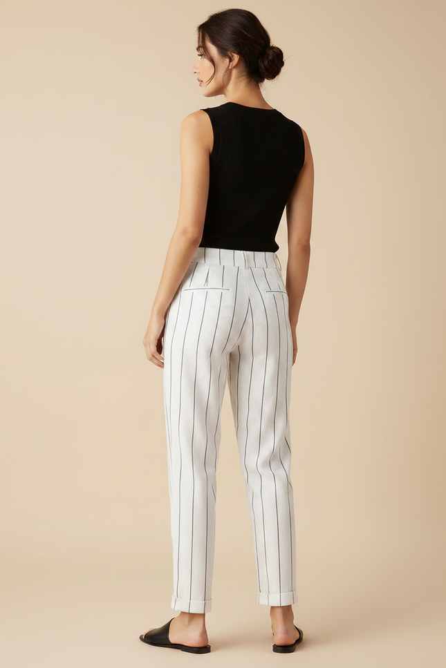 Pantalon Chino Blanc Rayé Coton Lin Ample Décontracté Femme - vue 2