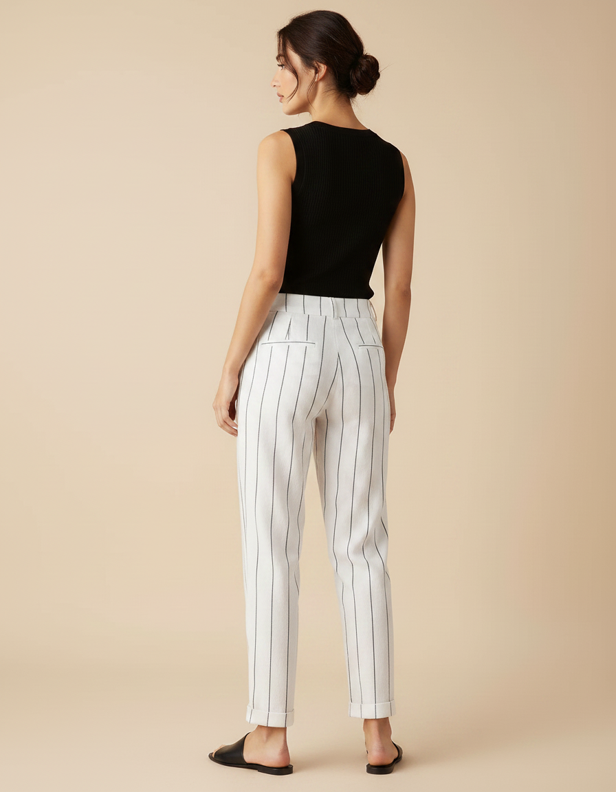 Pantalon Chino Blanc Rayé Coton Lin Ample Décontracté Femme - vue 2