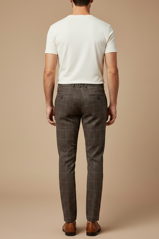 Pantalon Chino Marron Carreaux Slim Élégant Homme - Tweed - vue 2