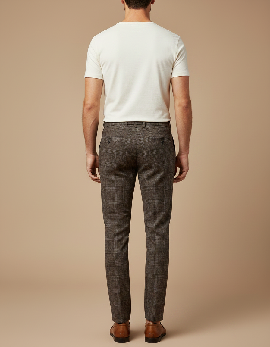 Pantalon Chino Marron Carreaux Slim Élégant Homme - Tweed - vue 2