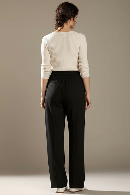 Pantalon Chino Noir Ample Taille Haute Femme Élégant - Maille - vue 2