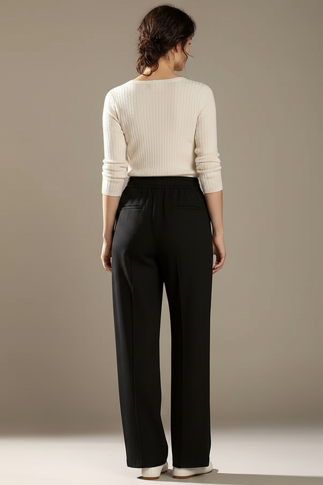 Pantalon Chino Noir Ample Taille Haute Femme Élégant - Maille - vue 2