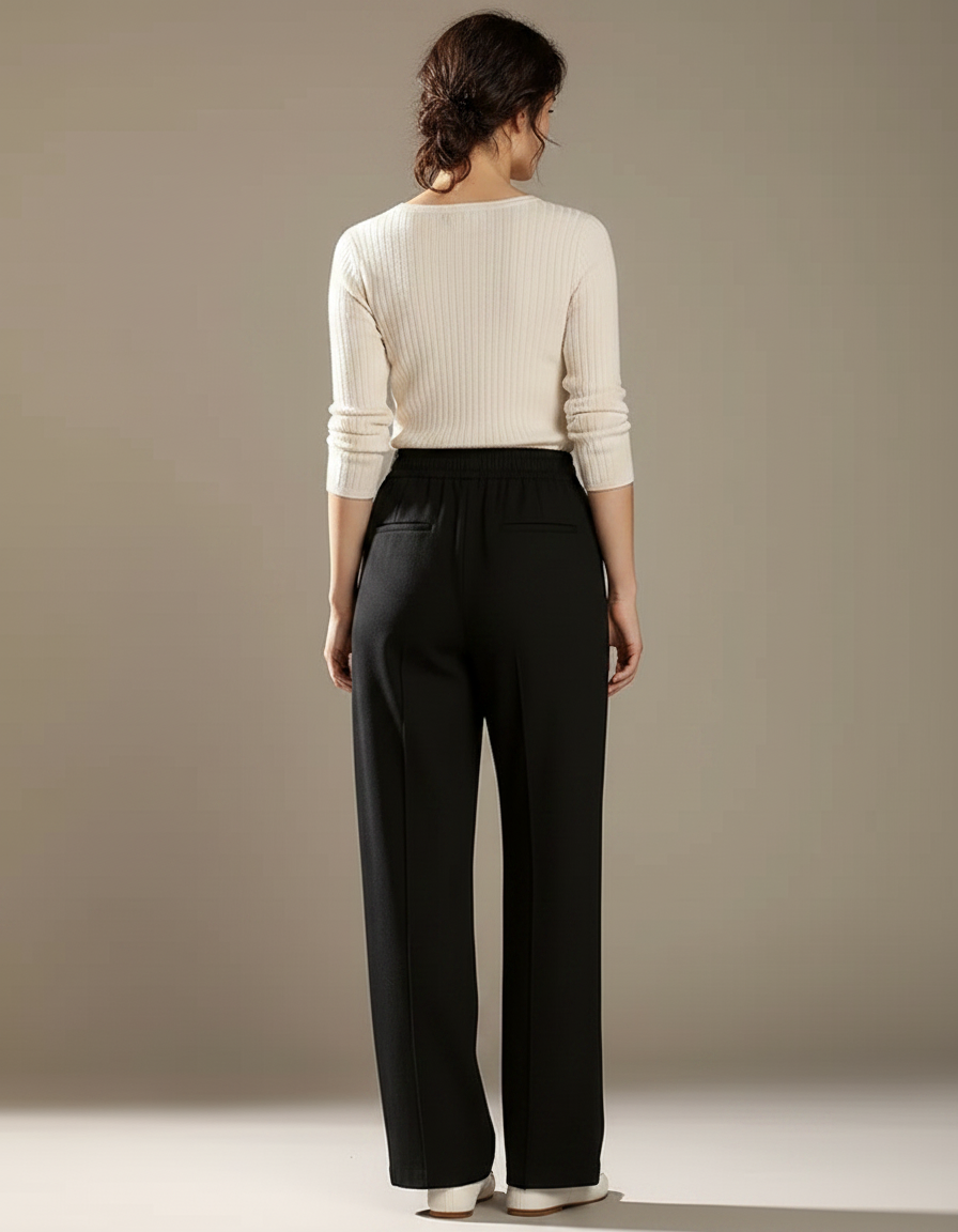 Pantalon Chino Noir Ample Taille Haute Femme Élégant - Maille - vue 2