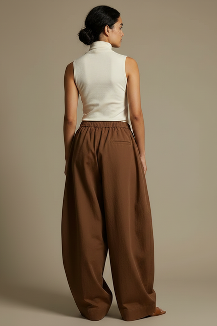Pantalon Chino Marron Ample Taille Haute Fluide - Gabardine - vue 2