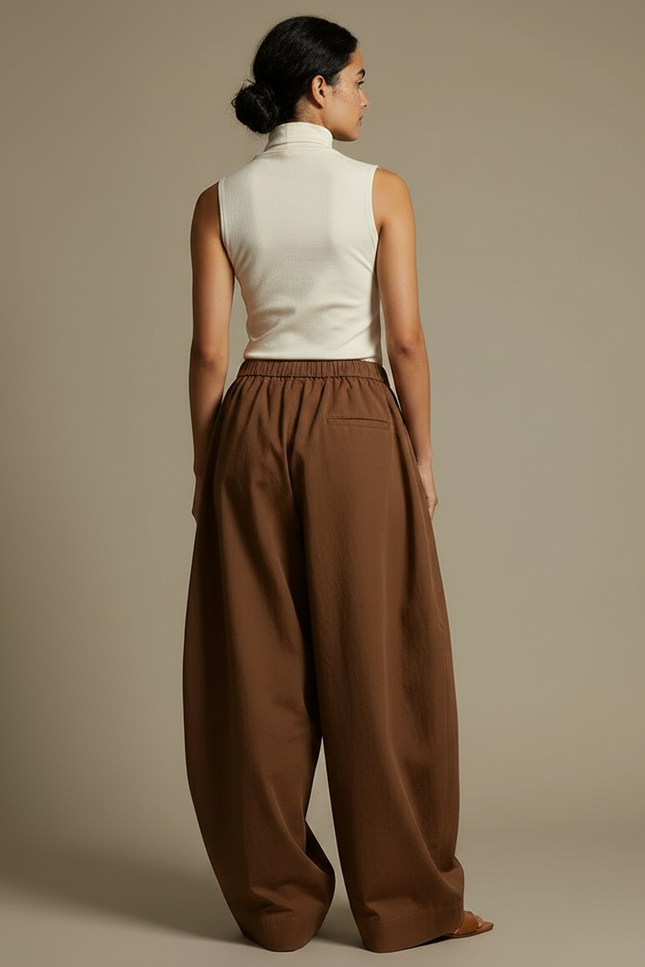 Pantalon Chino Marron Ample Taille Haute Fluide - Gabardine - vue 2