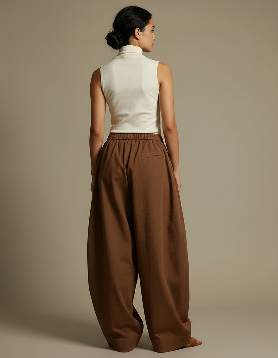 Pantalon Chino Marron Ample Taille Haute Fluide - Gabardine - vue 2