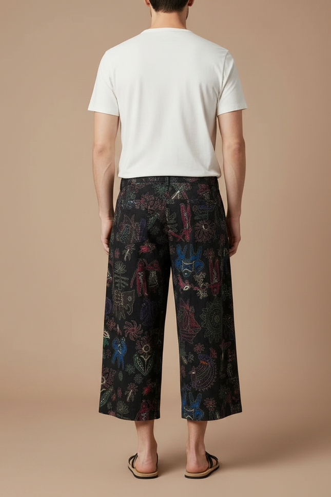 Pantalon Chino Noir Ample Imprimé Ethnique Décontracté - Toile - vue 2