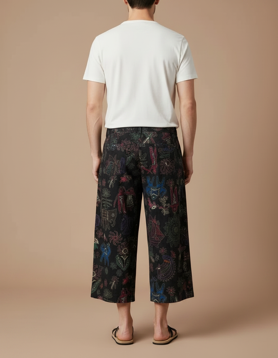 Pantalon Chino Noir Ample Imprimé Ethnique Décontracté - Toile - vue 2