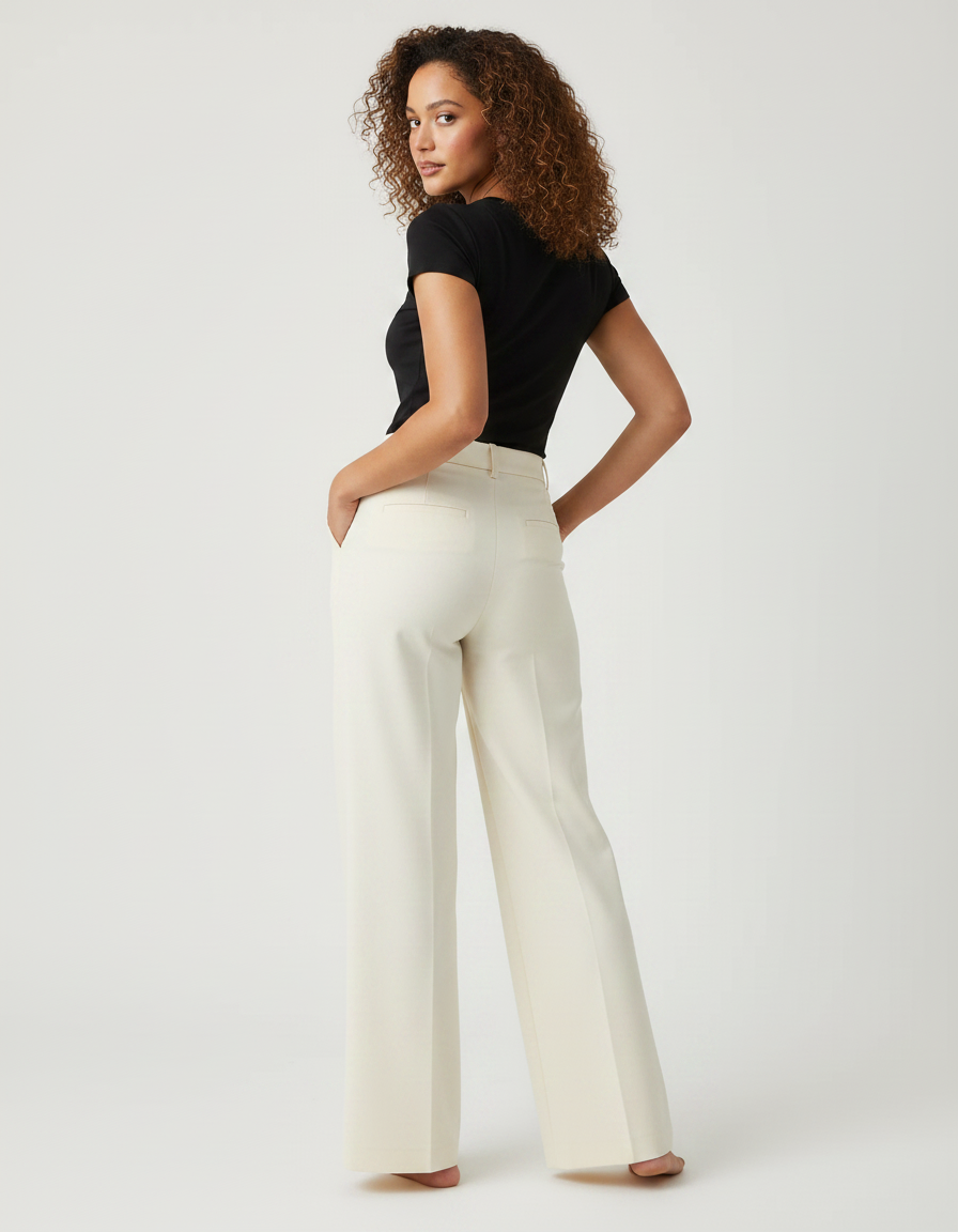 Pantalon Chino Écru Taille Haute Large Élégant - Beige Gabardine - vue 2