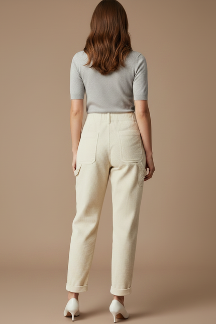 Pantalon Chino Crème Côtelé Ample Femme Casual - Beige Cordé - vue 2