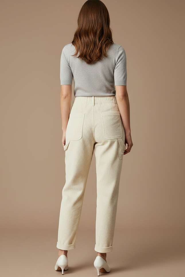 Pantalon Chino Crème Côtelé Ample Femme Casual - Beige Cordé - vue 2