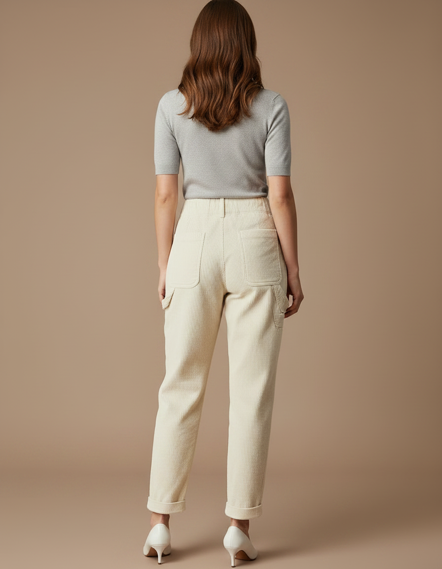 Pantalon Chino Crème Côtelé Ample Femme Casual - Beige Cordé - vue 2