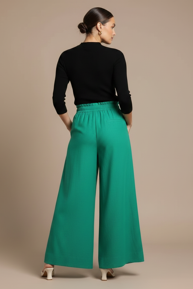 Pantalon Chino Vert Ample Fluide Taille Haute - Lin - vue 2