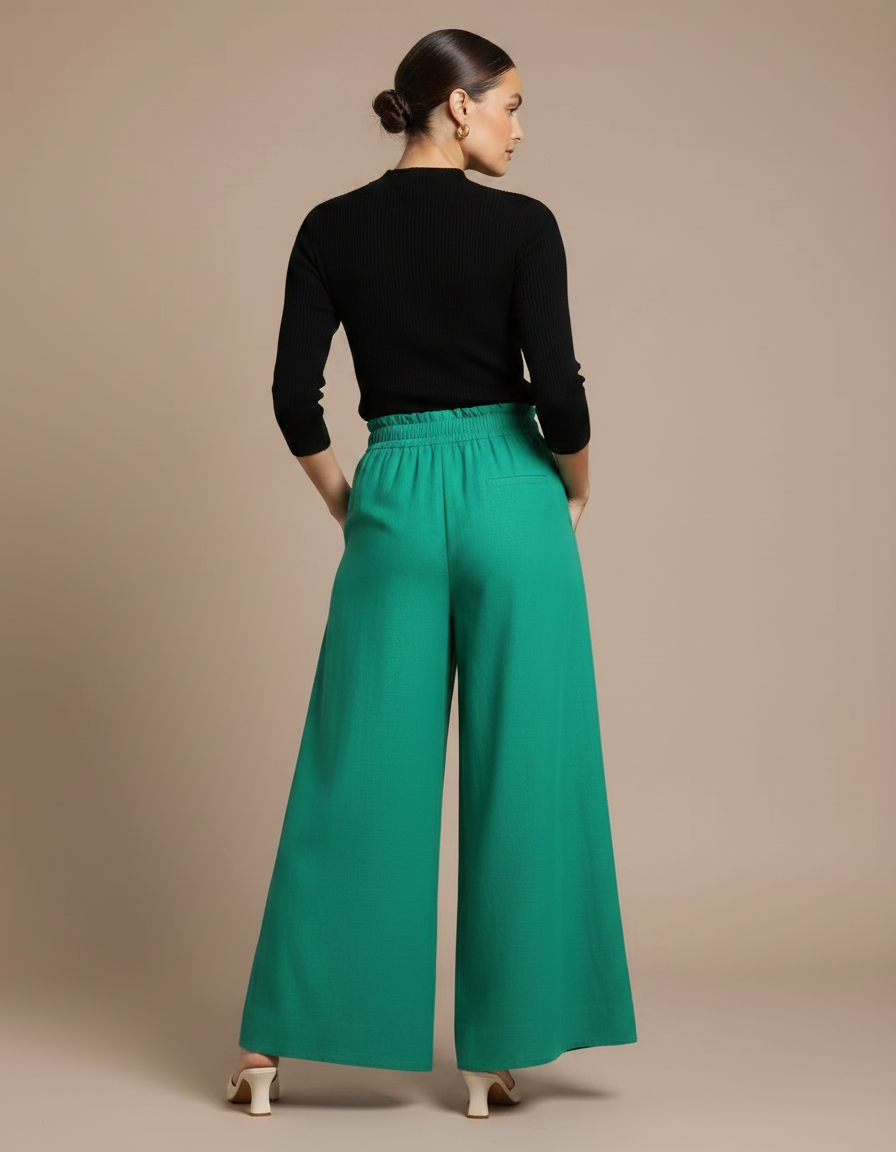 Pantalon Chino Vert Ample Fluide Taille Haute - Lin - vue 2