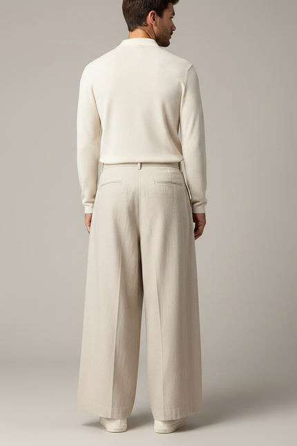 Pantalon Chino Large Lin Coton Beige Ample Décontracté - vue 2