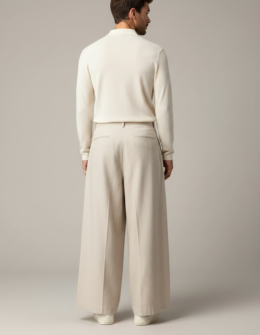 Pantalon Chino Large Lin Coton Beige Ample Décontracté - vue 2