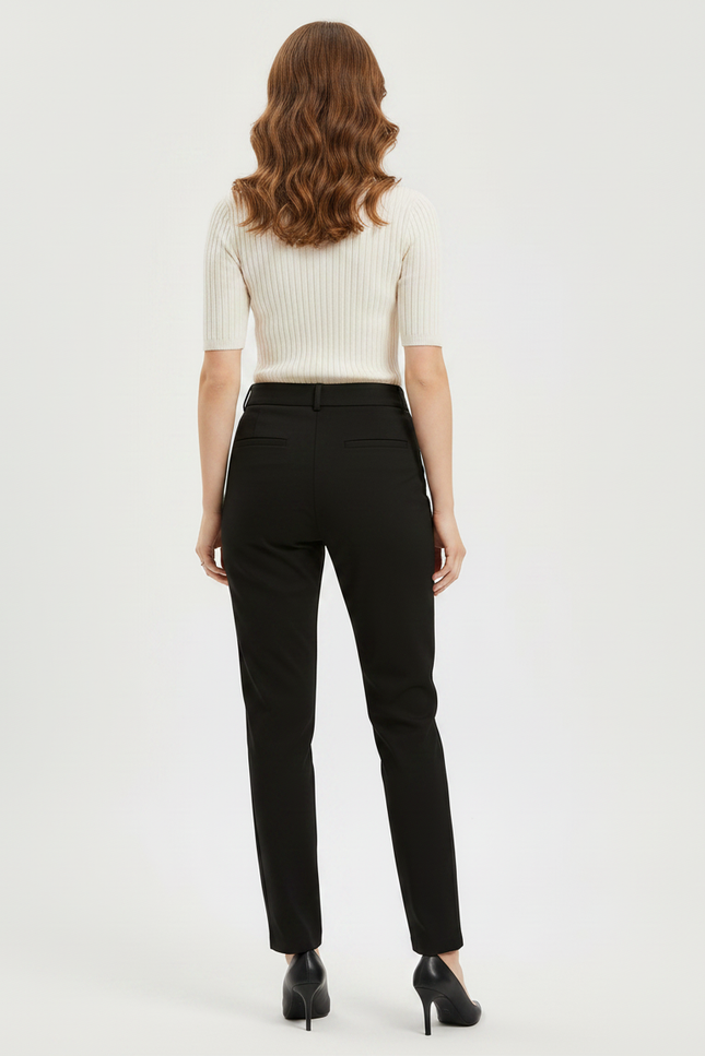Pantalon Chino Noir Élastique Taille Mi-Haute Droit Femme - Polyester - vue 2