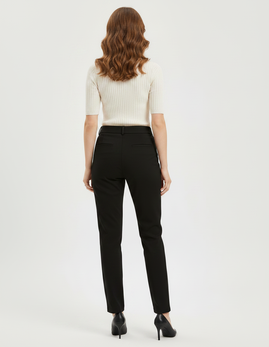 Pantalon Chino Noir Élastique Taille Mi-Haute Droit Femme - Polyester - vue 2