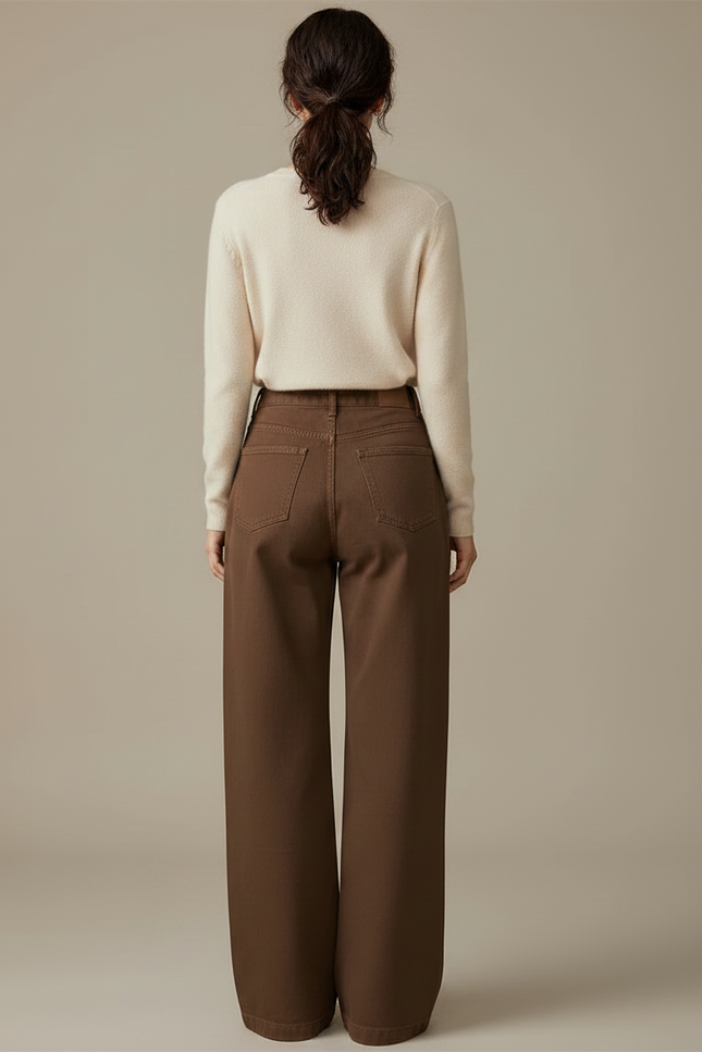 Pantalon Chino Marron Ample Taille Haute Décontracté - Coton - vue 2