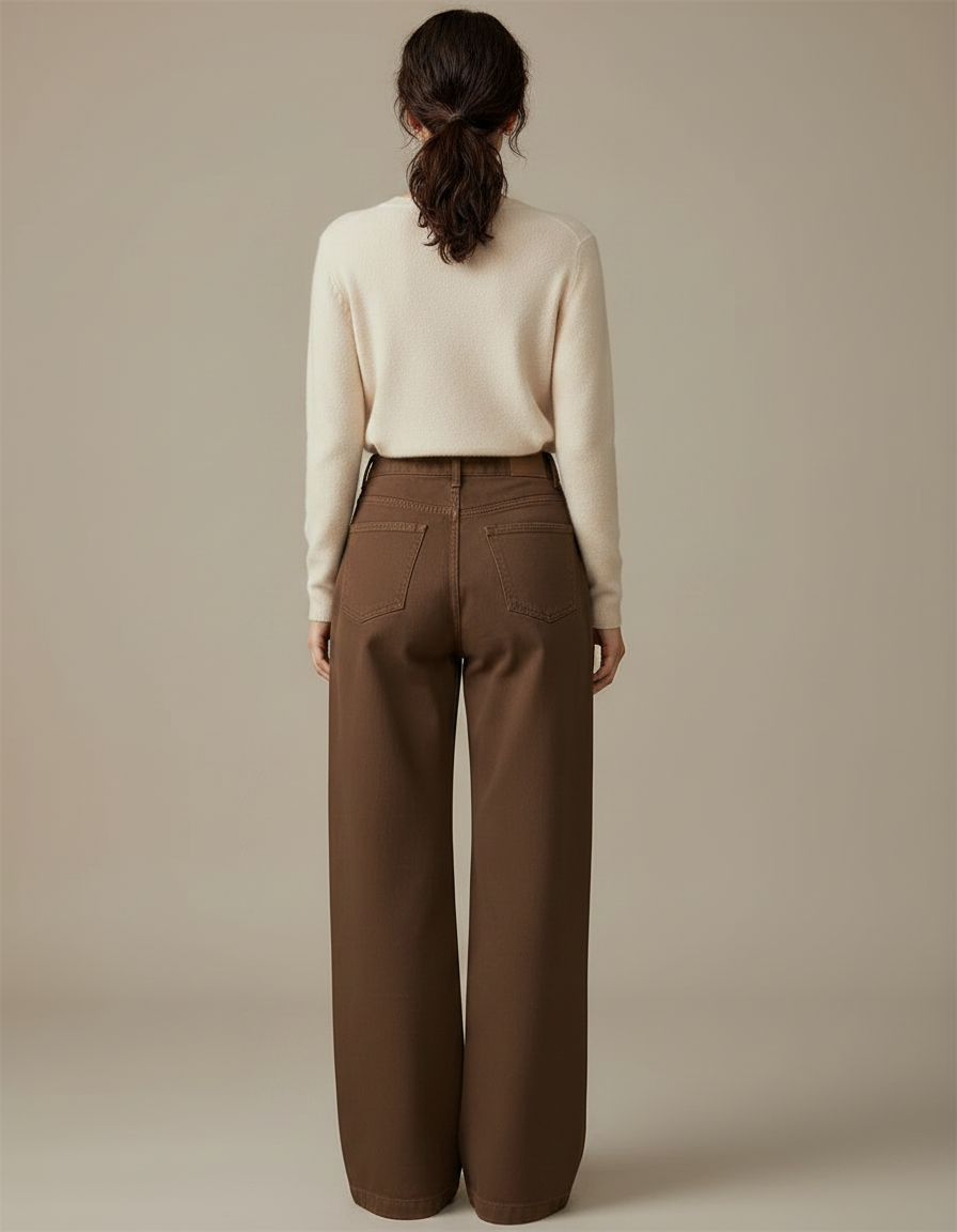 Pantalon Chino Marron Ample Taille Haute Décontracté - Coton - vue 2