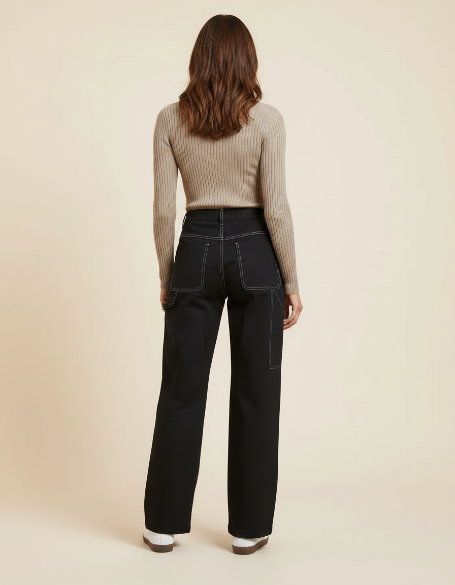 Pantalon Chino Noir Ample Décontracté Femme - Gabardine - vue 2