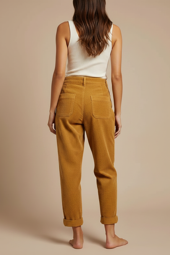 Pantalon Chino Côtelé Marron Ample Taille Haute Femme - Cordé - vue 2