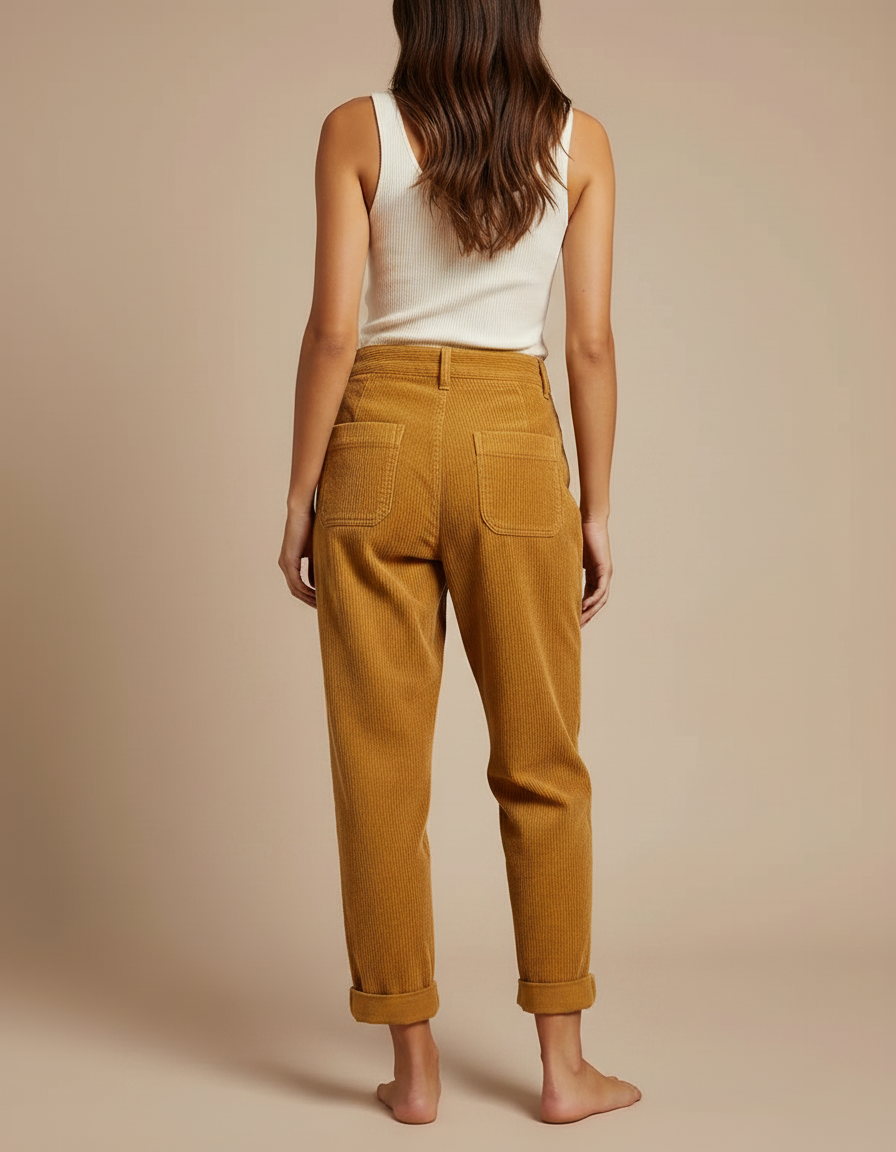 Pantalon Chino Côtelé Marron Ample Taille Haute Femme - Cordé - vue 2