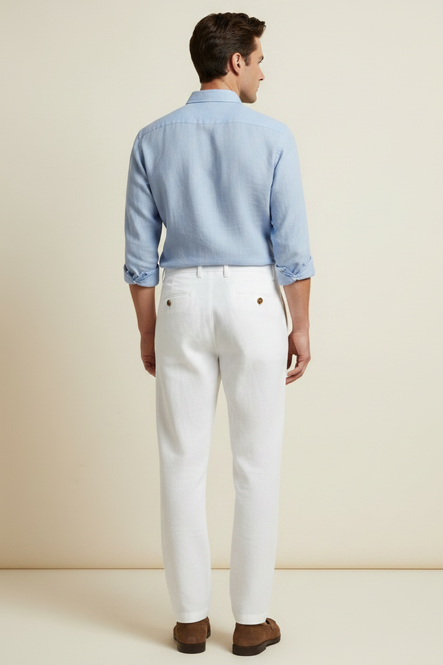 Pantalon Chino Blanc Lin Plissé Boutons Décontracté Homme - vue 2