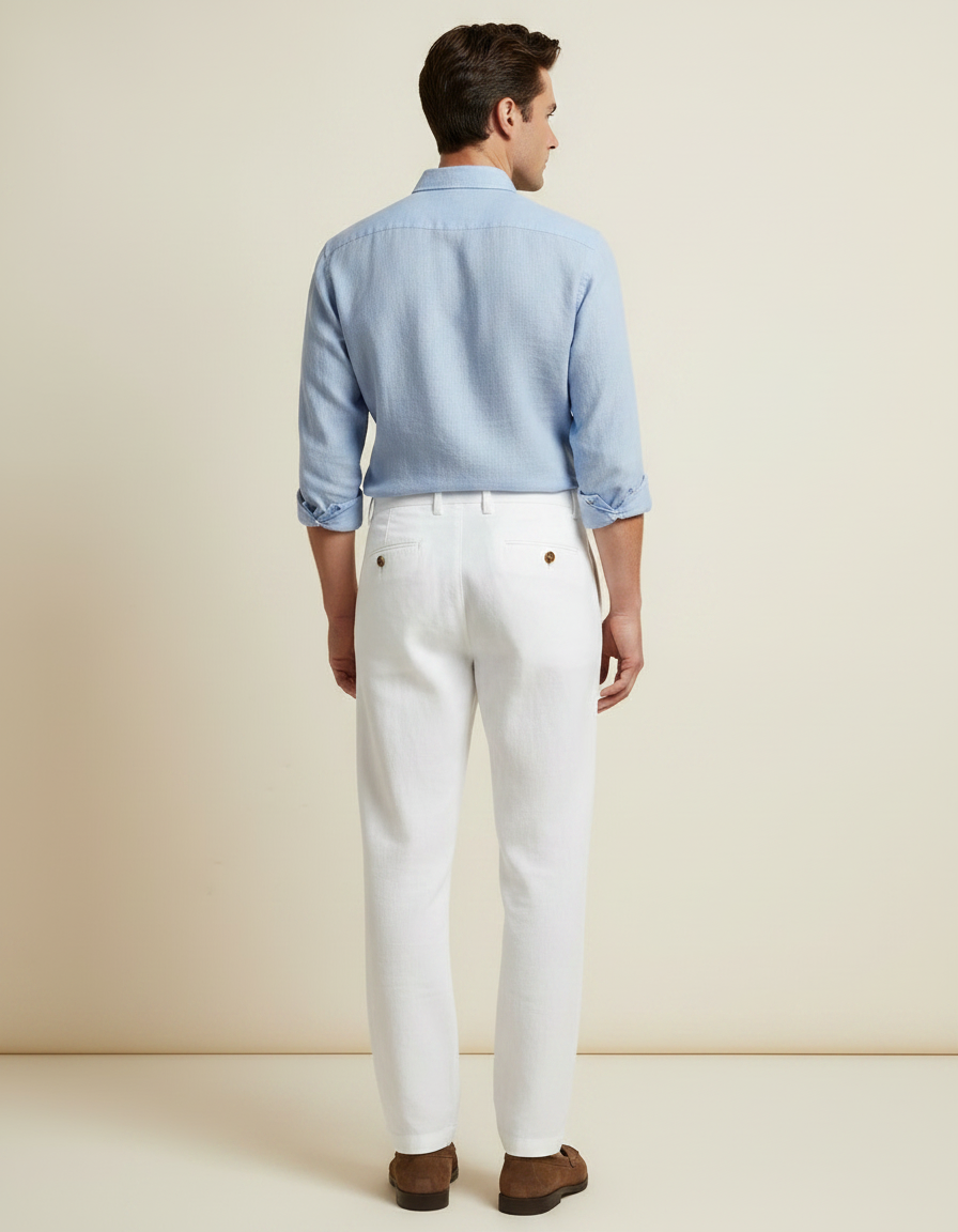 Pantalon Chino Blanc Lin Plissé Boutons Décontracté Homme - vue 2