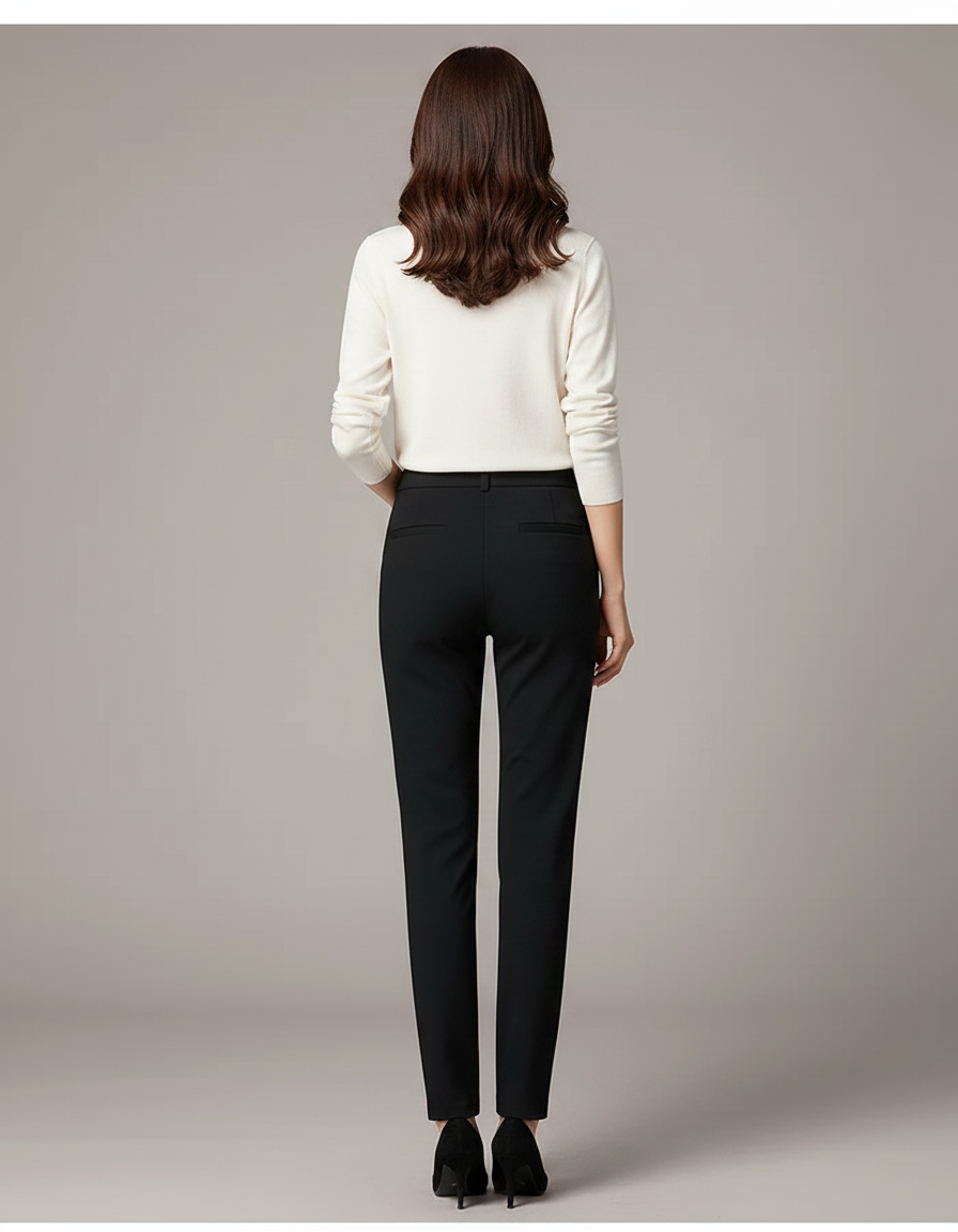 Pantalon Chino Noir Élégannt Droit Taille Haute Femme - Polyester - vue 2