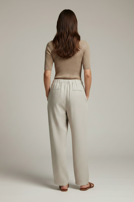 Pantalon Chino Écru Ample Cordon Lin Femme - Beige - vue 2