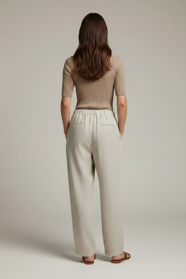 Pantalon Chino Écru Ample Cordon Lin Femme - Beige - vue 2